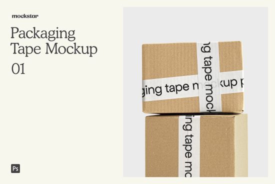 Cardboard box packaging tape mockup, realistic design presentation, layered PSD, editable branding template for designers.